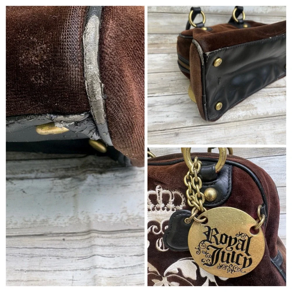 Juicy‎ Couture Royal Bowler Bag Brown Velour Y2K Crown Logo Gold Hardware  Fair